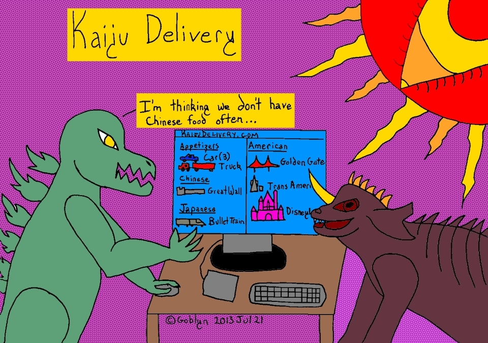 KaijuDelivery.com, Kaihu Delivery, Godzilla says "I'm thinking we don't have Chinese food often."